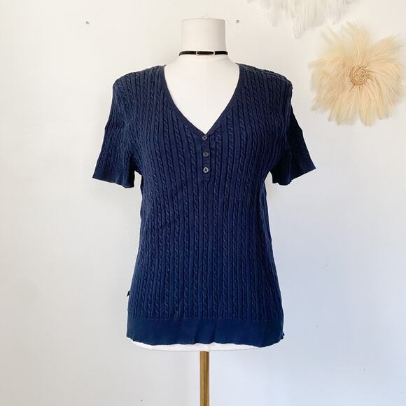 Chaps Womens Y2K Cable Knit Short Sleeve Sweater Size XL Henley Preppy Old Money - Picture 1 of 8